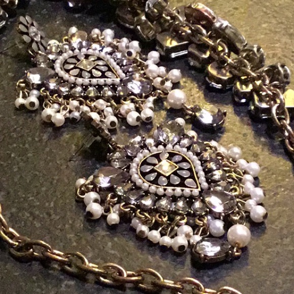 Vtg Deco Statement Post Back Earrings W/ Faux Pearls & Gemstones Gold-Tone Nwot